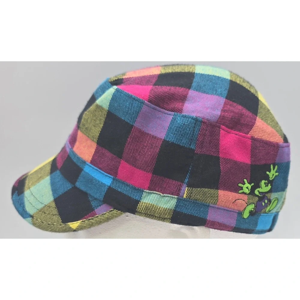 Disney Cadet Hat‎ Adult Size 7 Rainbow Patchwork Plaid Neon Mickey Mouse Bow Cap